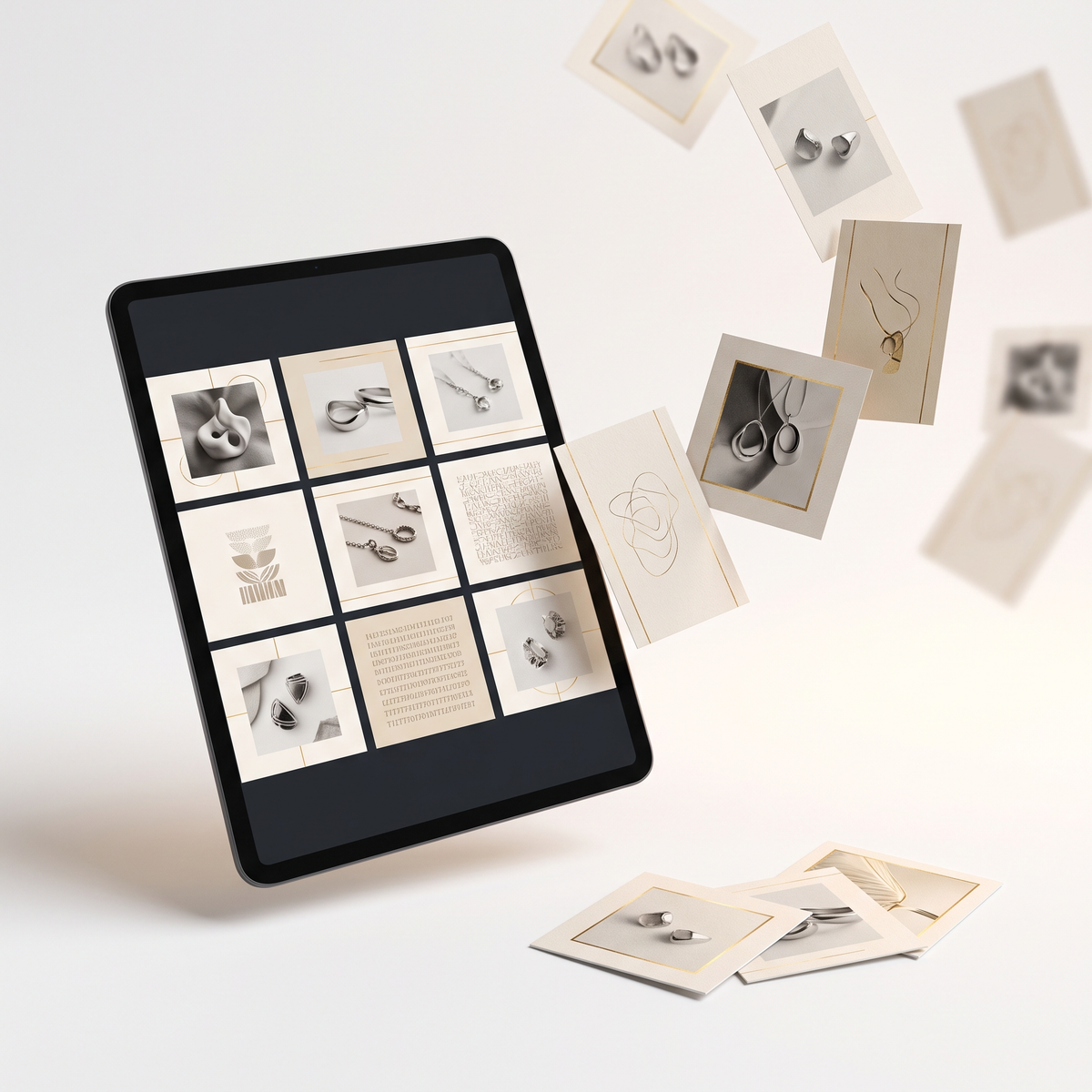 362 Canva Instagram templates for jewelry brands shown on a tablet — feed posts, stories, quote posts, reels covers and carousels