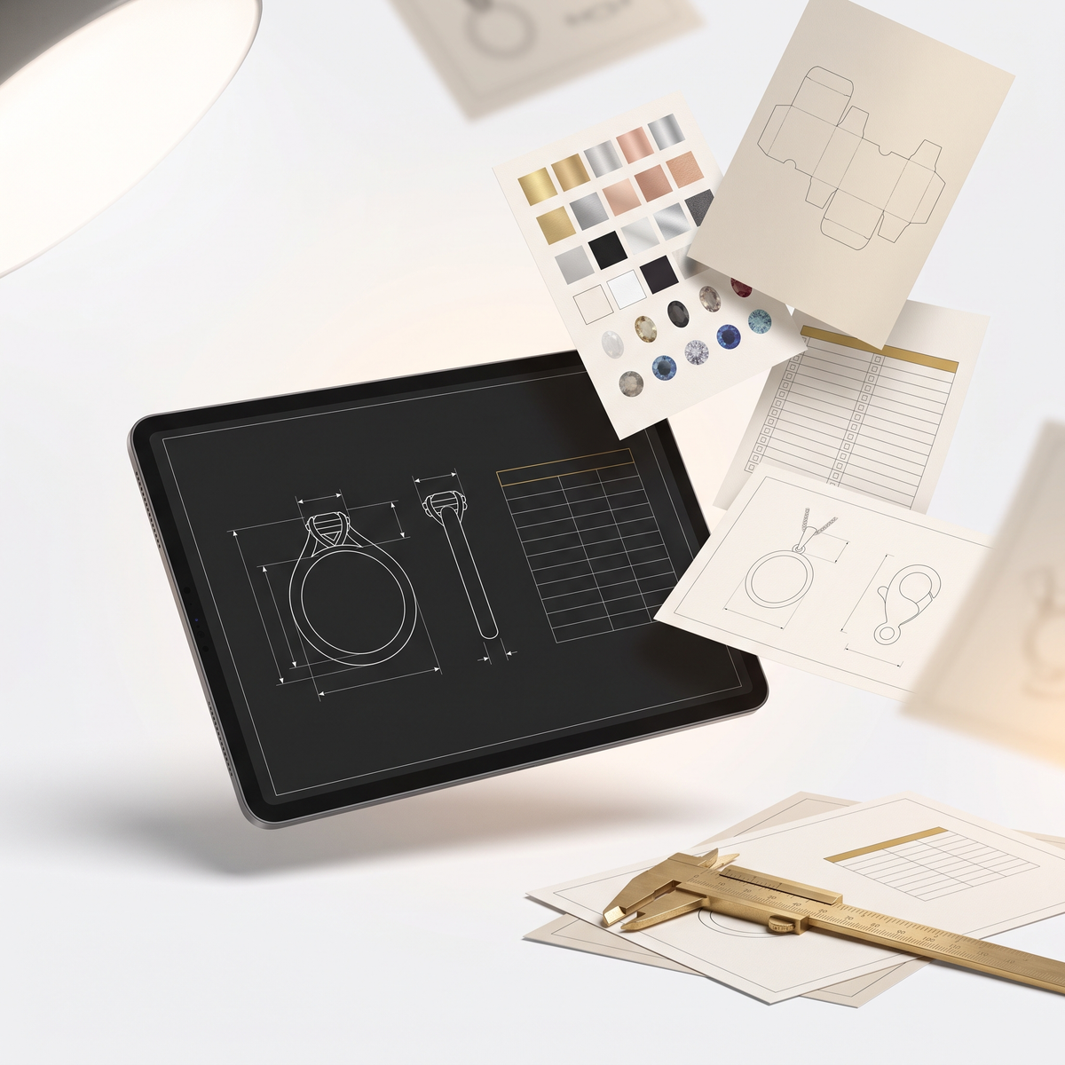 DIY Jewelry Tech Pack Canva template — style board, materials, dimensions, packaging and production specs for jewelry manufacturing